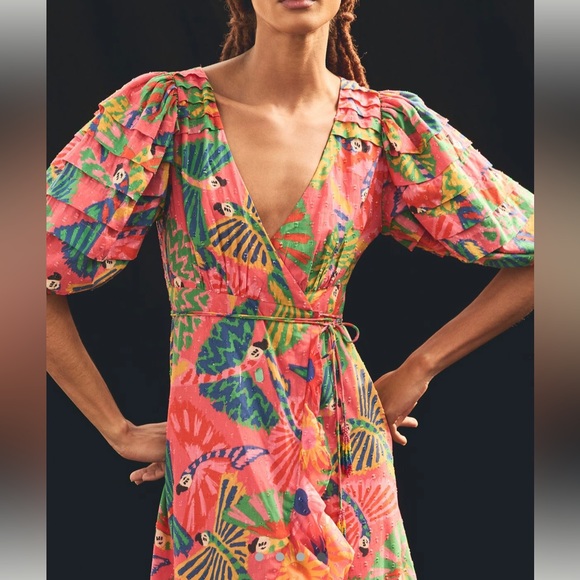 FARM RIO Macaws-print Puff-sleeve Midi Dress - Picture 6 of 7